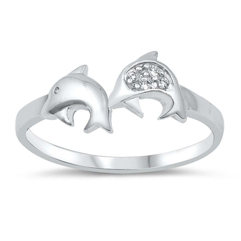 Sterling Silver Dolphins Shaped Clear CZ Ring, Face Height 7mmAnd Band Width 2mm