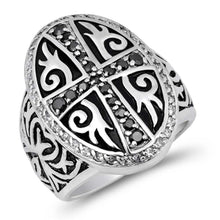 Load image into Gallery viewer, Sterling Silver Black Celtic Cross Shaped Clear CZ Ring