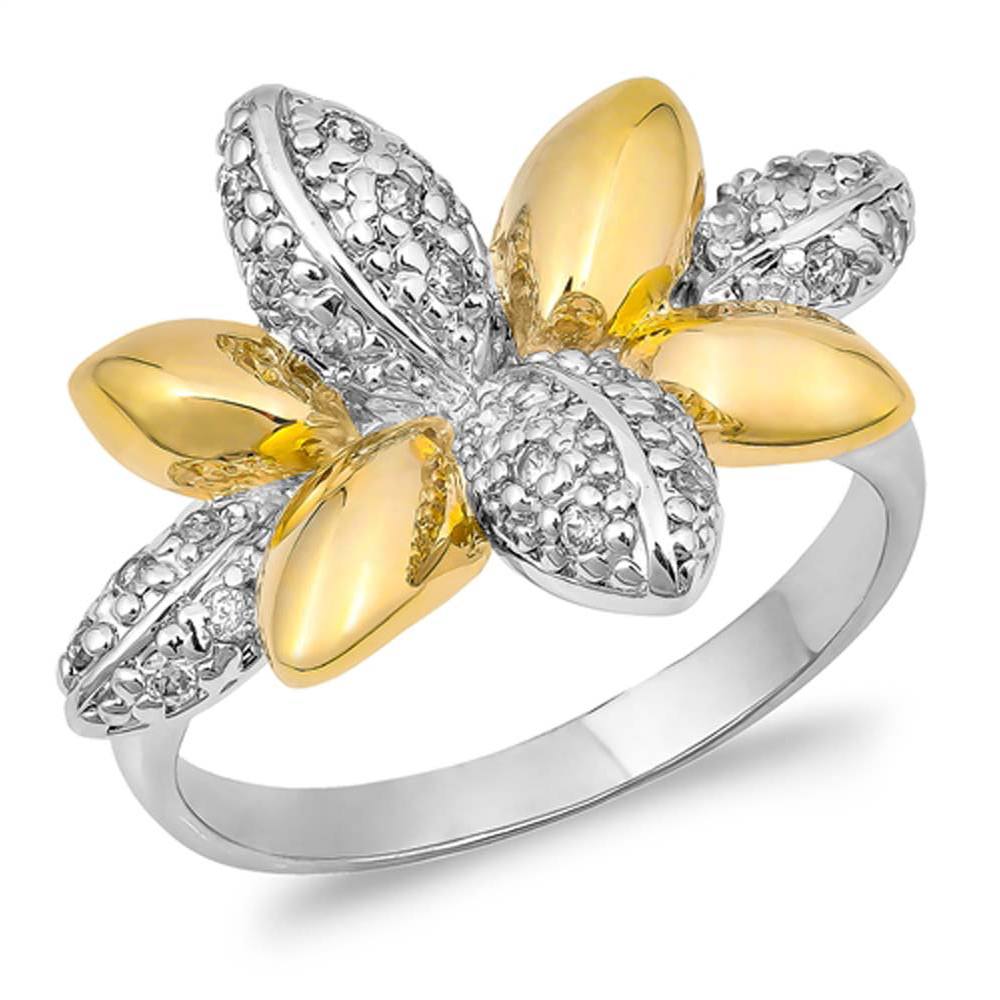 Sterling Silver Two Tone Flower Shaped Clear CZ Ring