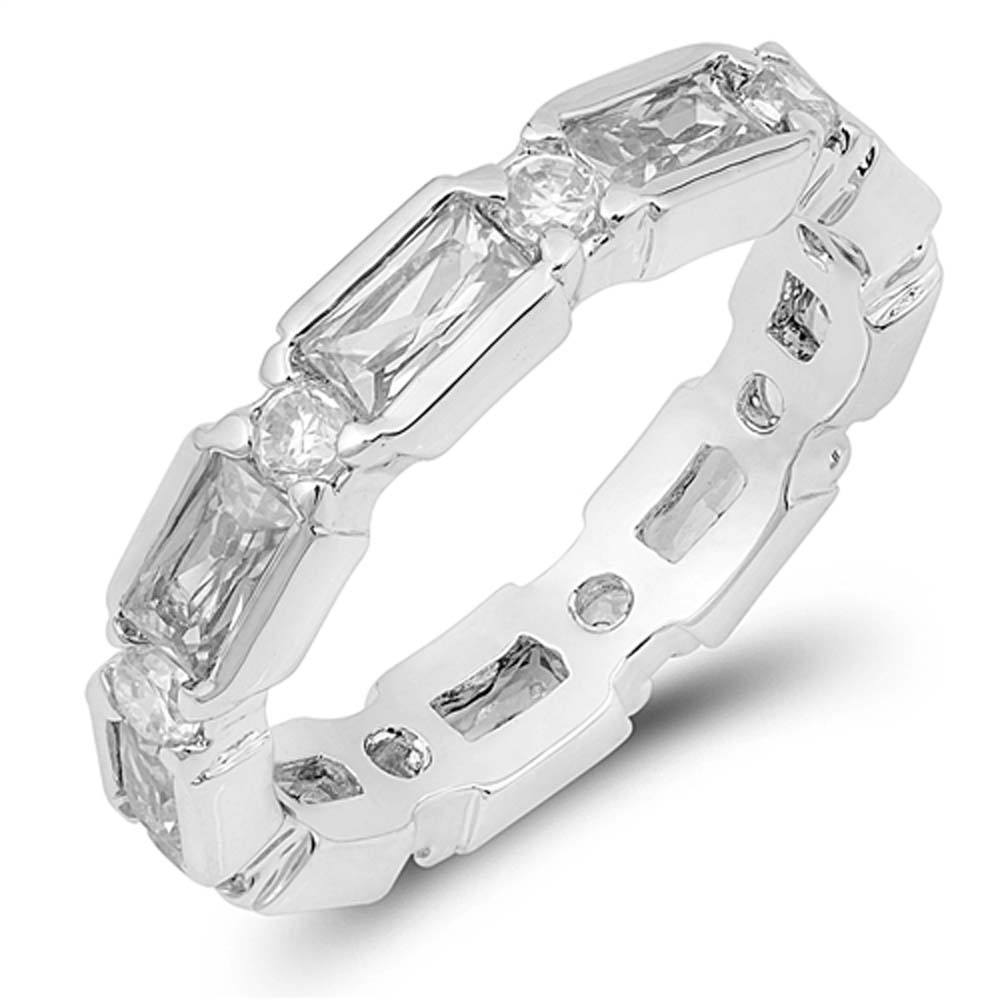 Sterling Silver Rectangular And Round Stones Shaped Clear CZ Rings