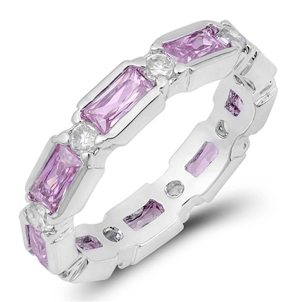 Sterling Silver Rectangular And Round Stones Shaped Pink CZ Rings