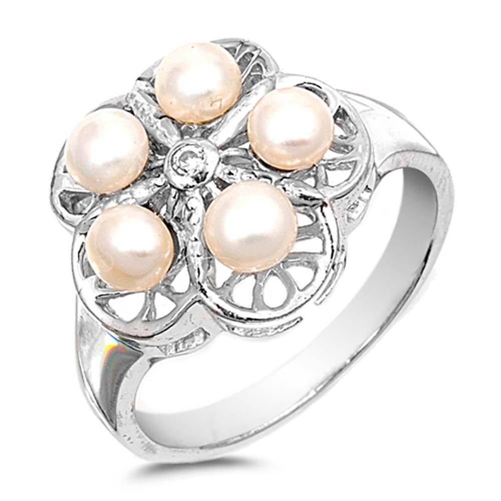 Sterling Silver Flower Shaped Clear CZ Rings With Freshwater Pearls