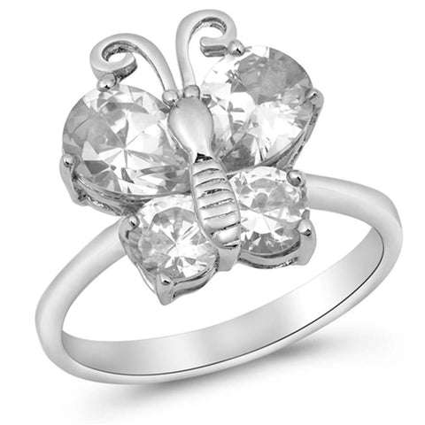 Sterling Silver Butterfly Shaped Clear CZ RingAnd Face Height 16mmAnd Band Width 2mm