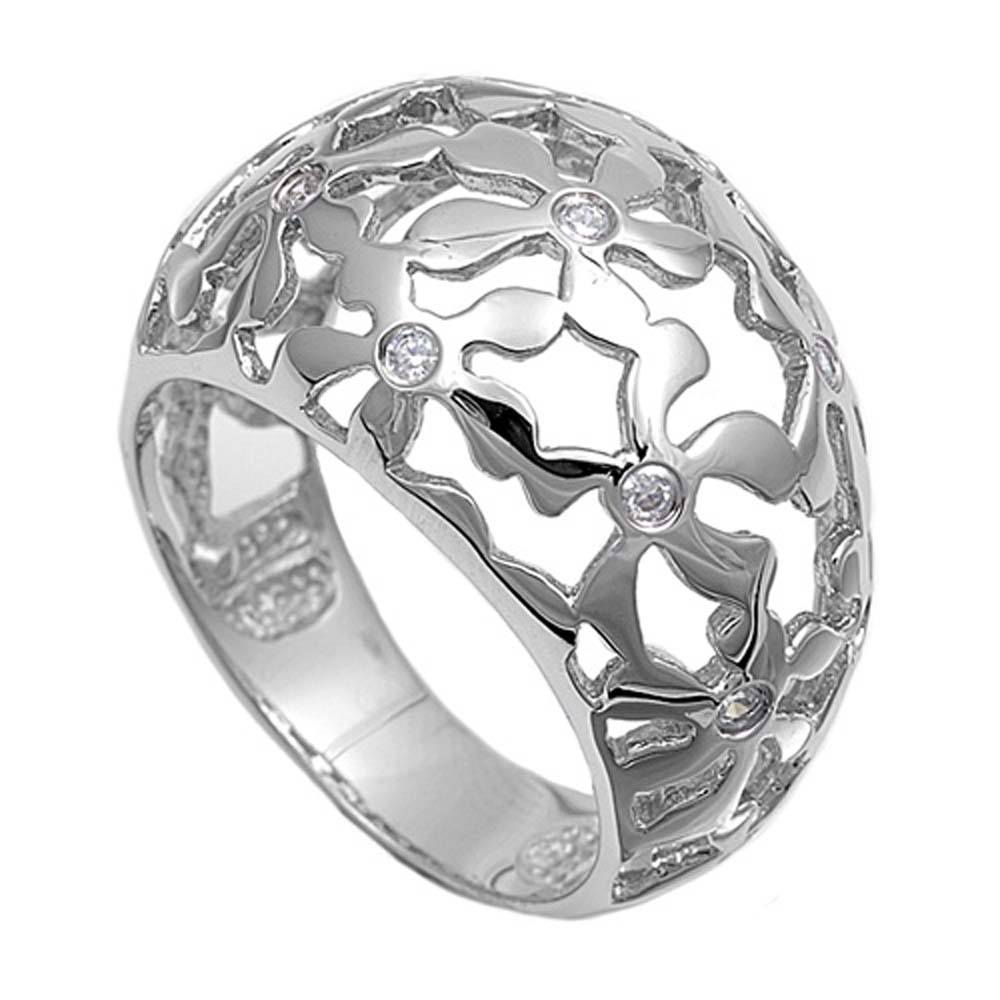 Sterling Silver Hammered Flower Dome Shaped Clear CZ RingsAnd Band Width 16mm