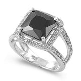 Sterling Silver Black Square Shaped Clear CZ RingAnd Face Height 14mm