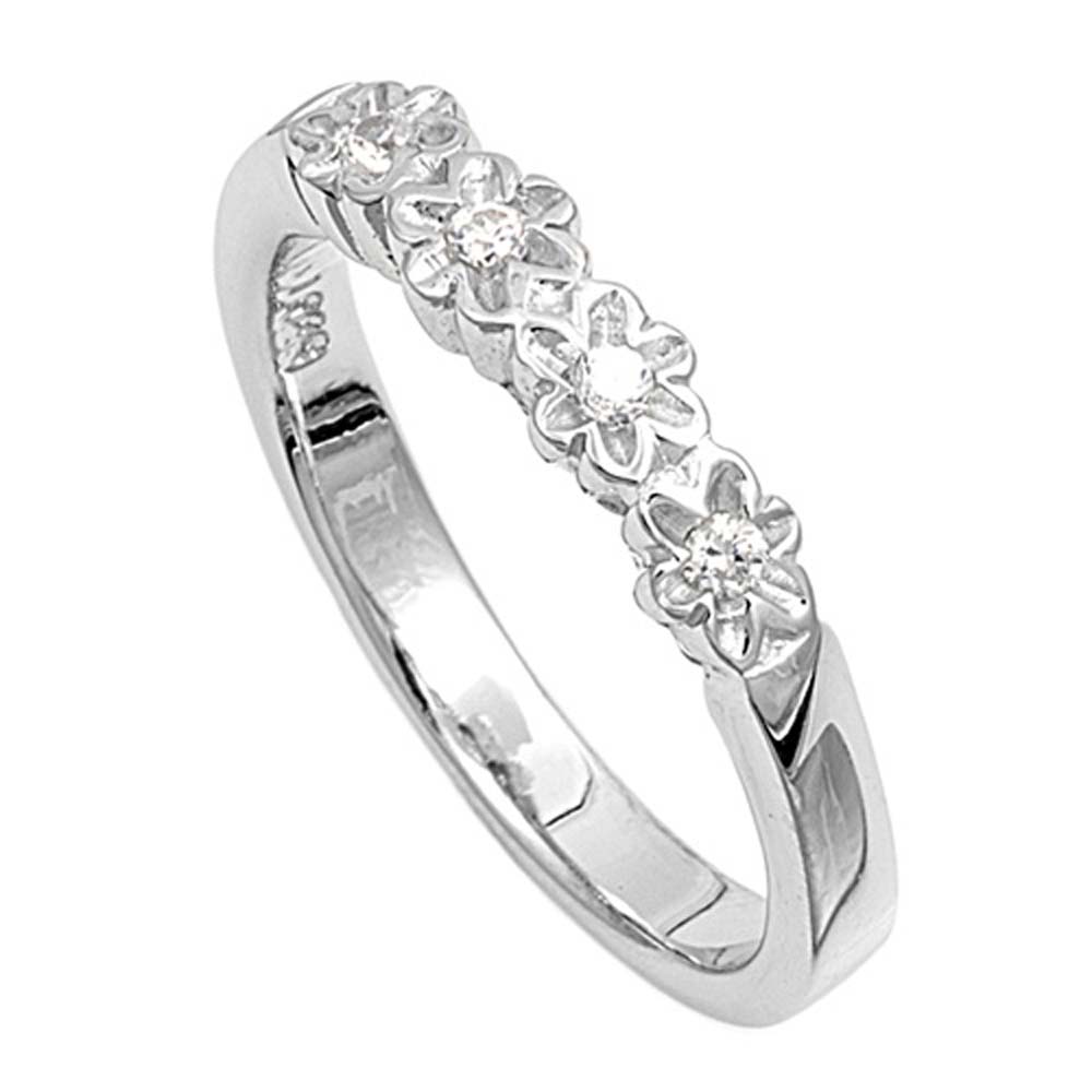 Sterling Silver Flowers Shaped Clear CZ Ring