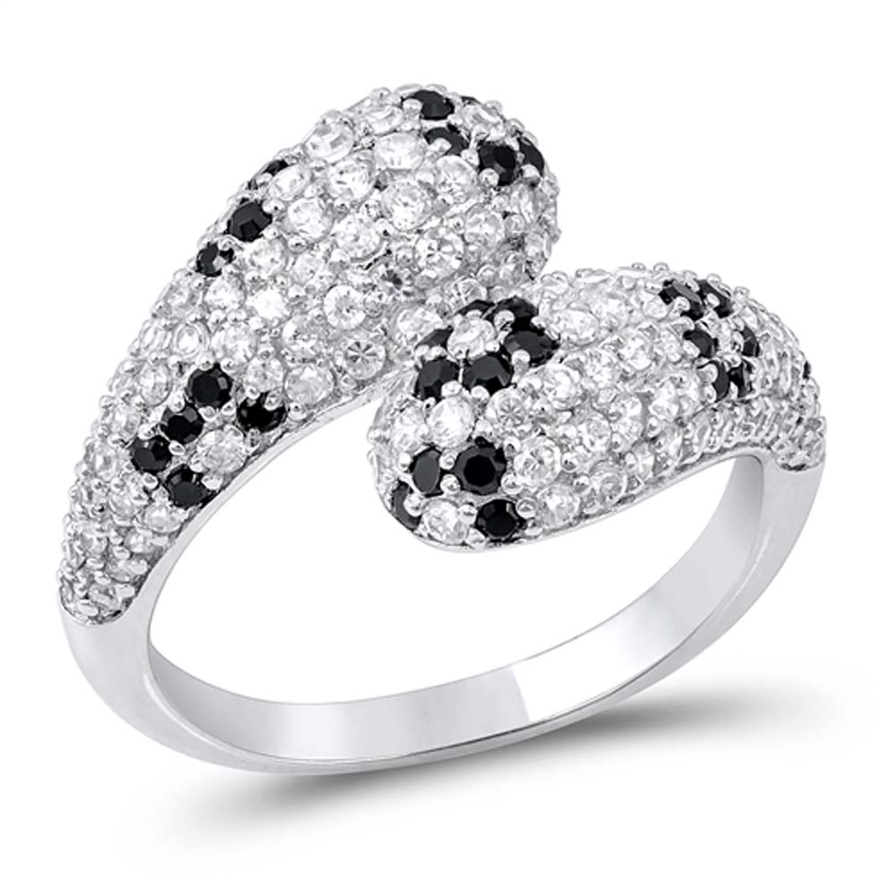 Sterling Silver Pave Shaped Black and Clear CZ Ring, Face Height 17mm, Band Width 3mm