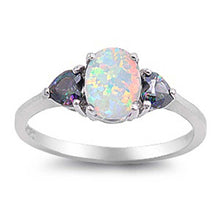 Load image into Gallery viewer, Sterling Silver Elegant 3 Stone Ring with Centered Oval Cut Llab Opal Simulated Diamond and Two Rainbow Topaz Heart Cut Diamonds Side Views On Prong SettingAnd Face Height 8MM