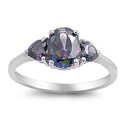Sterling Silver Elegant 3 Stone Ring with Centered Oval Cut Rainbow Topaz and Two Heart Cut CZ Side Views On Prong Setting, Face Height 6MM