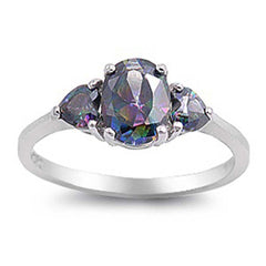 Sterling Silver Elegant 3 Stone Ring with Centered Oval Cut Rainbow Topaz Simulated Diamond and Two Heart Cut Diamonds Side Views On Pring SettingAnd Face Height 6MM