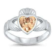 Load image into Gallery viewer, Sterling Silver Claddagh Shaped Clear CZ RingAnd Face Height 12mmAnd Band Width 3mm