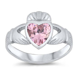 Sterling Silver Claddagh Shaped Pink CZ RingAnd Face Height 12mmAnd Band Width 3mm