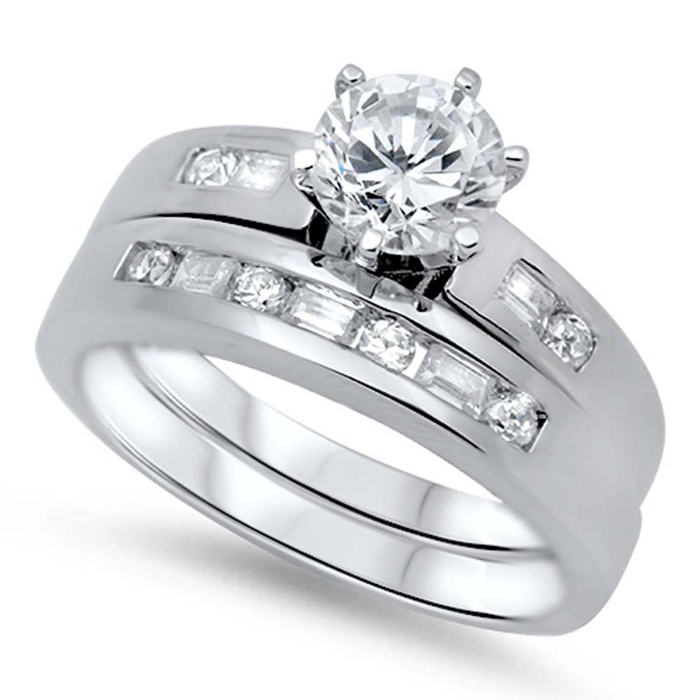 Sterling Silver Clear CZ Stylish 2 Piece Engagement Ring Set with 6 Prong Set 7MM Round Clear CZ in the CenterAnd Combined Ring Face Height of 8MM