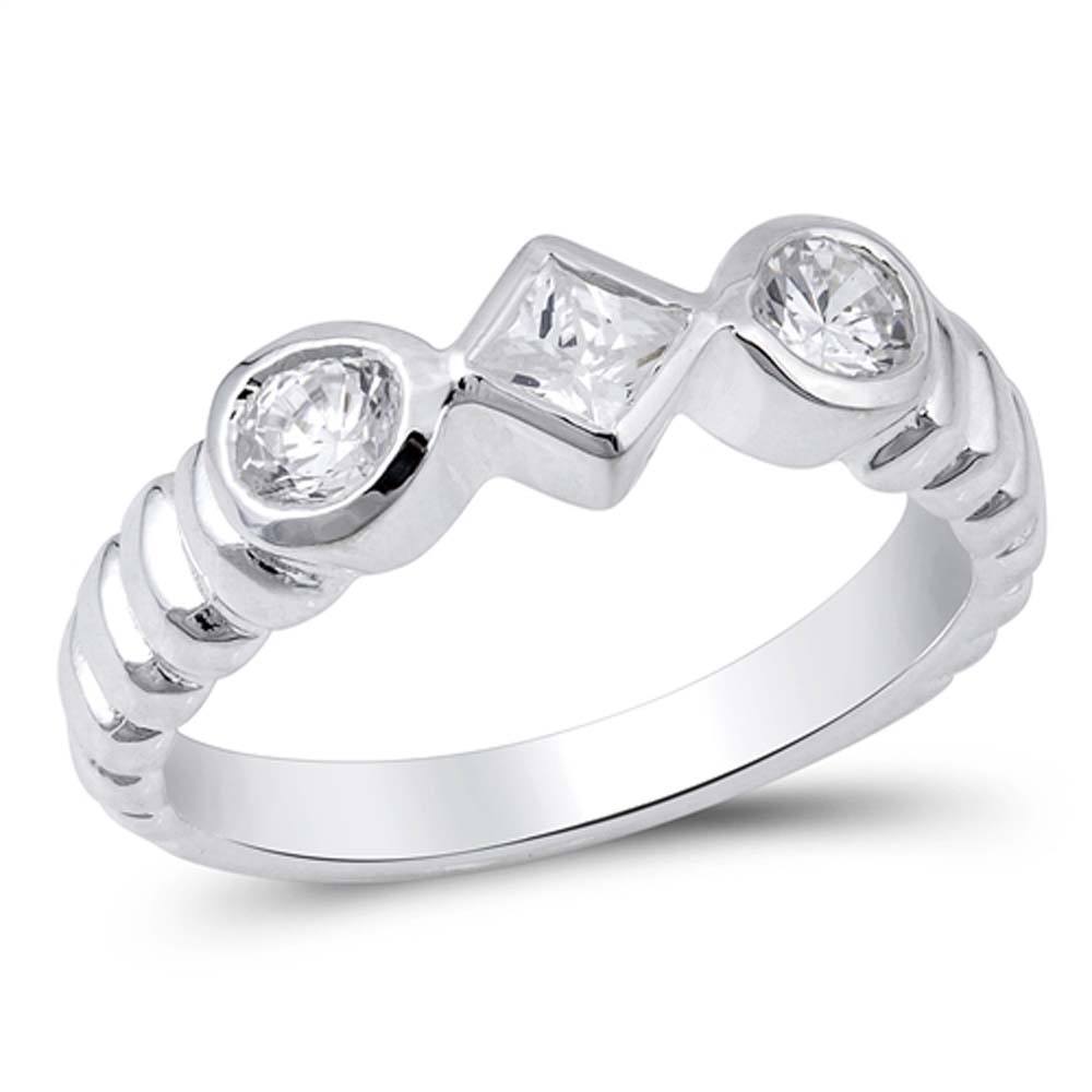 Sterling Silver Round And Diamond Shaped Clear CZ RingAnd Face Height 6mmAnd Band Width 3mm