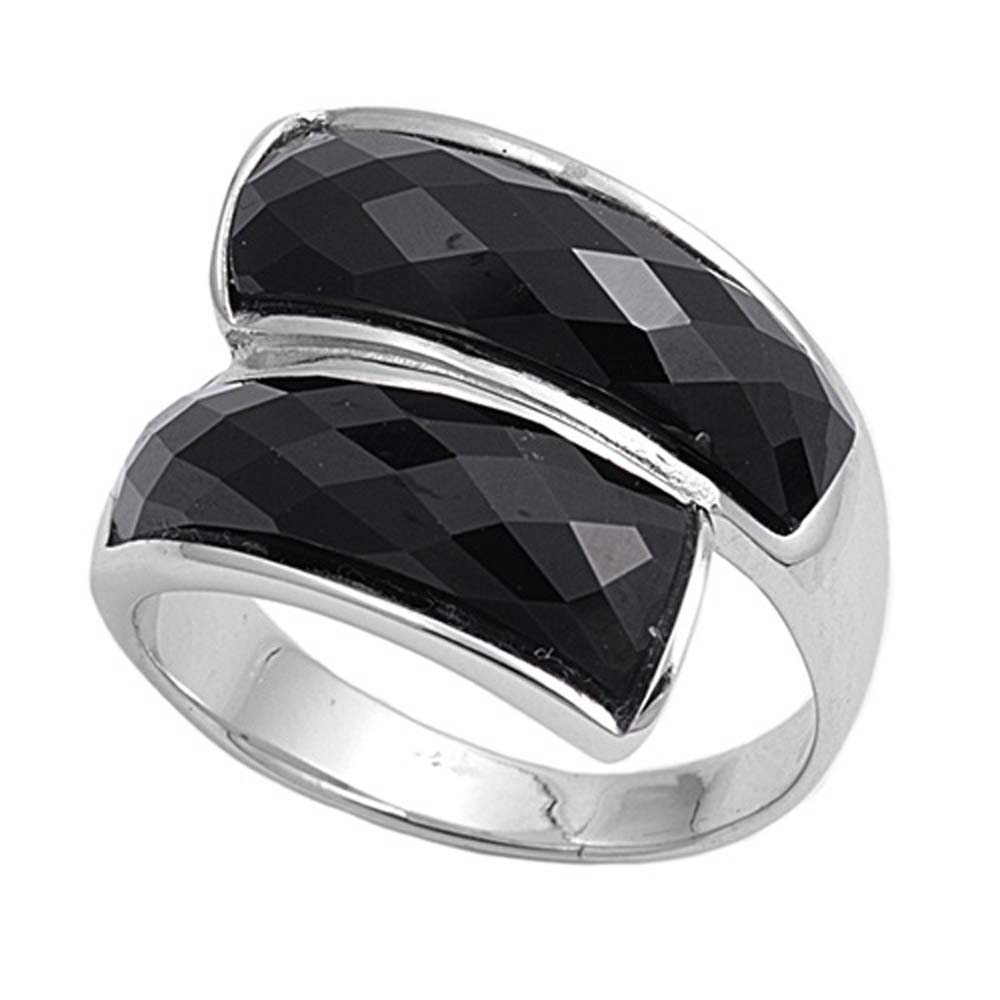 Sterling Silver Black Curve Clear CZ RingAnd Face Height 17mmAnd Band Width 4mm