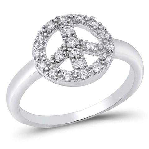 Sterling Silver Peace Sign Shaped Clear CZ RingAnd Face Height 8mmAnd Band Width 2mm