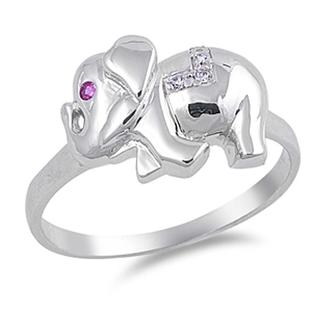 Sterling Silver Elephant Shaped Ruby And Clear CZ RingAnd Face Height 12mmAnd Band Width 3mm