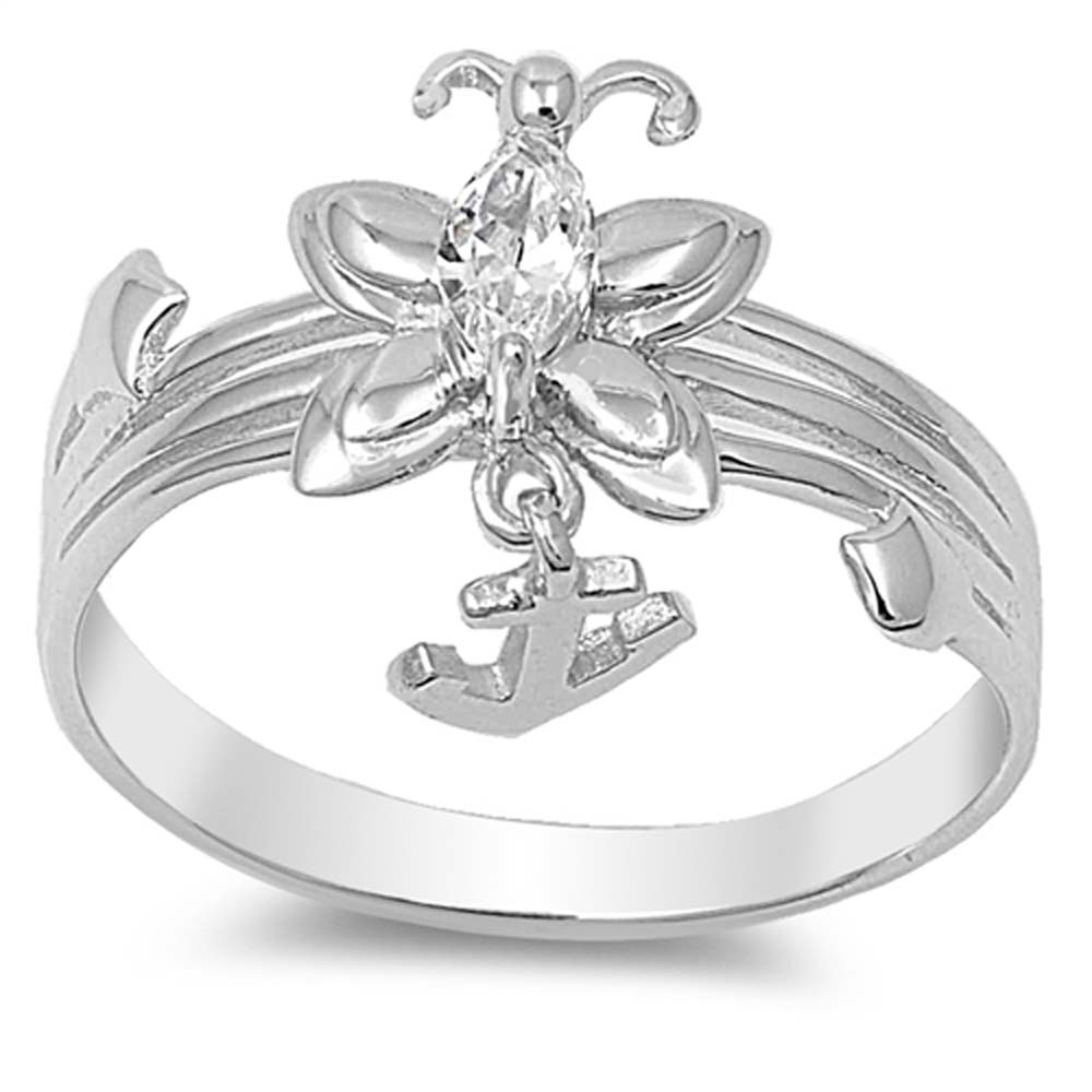 Sterling Silver Butterfly And Arrow Shaped Clear CZ RingAnd Face Height 13mmAnd Band Width 2mm