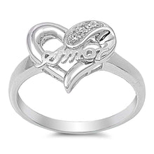 Load image into Gallery viewer, Sterling Silver Heart With Amor Shaped Clear CZ RingAnd Face Height 13mmAnd Band Width 2mm