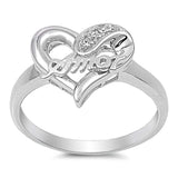 Sterling Silver Heart With Amor Shaped Clear CZ RingAnd Face Height 13mmAnd Band Width 2mm