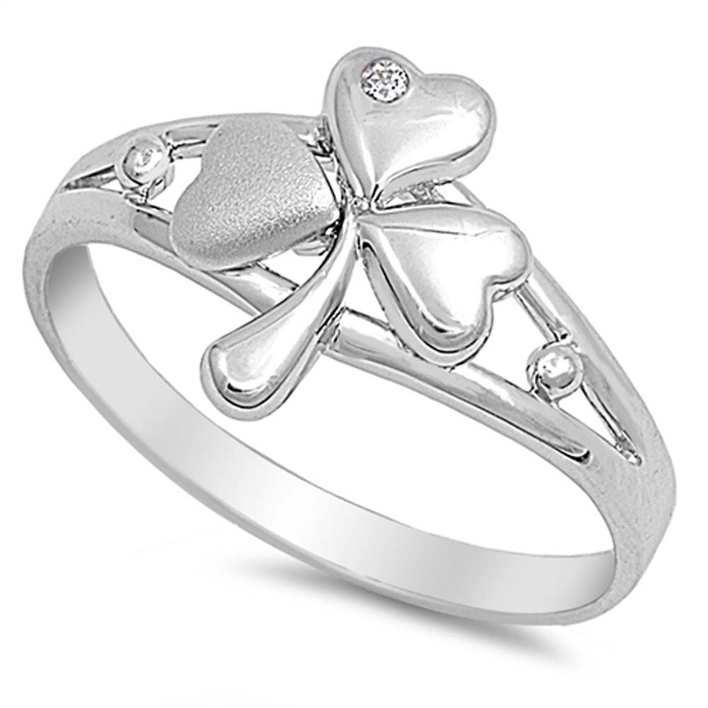 Sterling Silver Satin Finish Shamrock Shaped Clear CZ RingAnd Face Height 13mm
