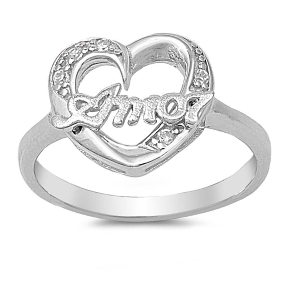 Sterling Silver Heart With Amor Shaped Clear CZ RingAnd Face Height 15mmAnd Band Width 3mm