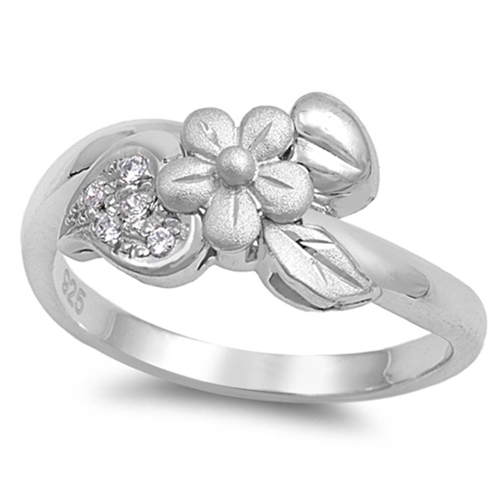 Sterling Silver Plumeria Shaped Clear CZ RingAnd Face Height 10mmAnd Band Width 3mm