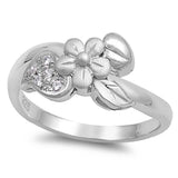 Sterling Silver Plumeria Shaped Clear CZ RingAnd Face Height 10mmAnd Band Width 3mm