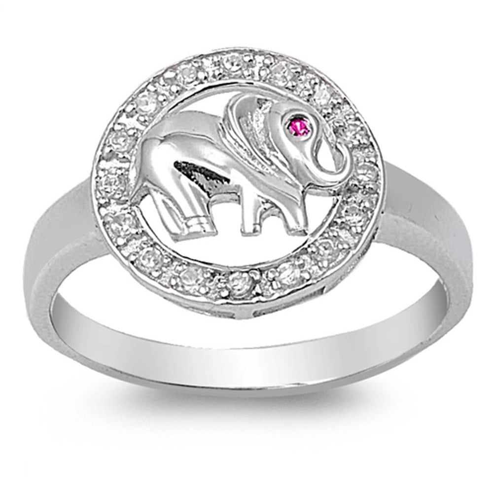 Sterling Silver Elephant Shaped Ruby And Clear CZ RingAnd Face Height 12mmAnd Band Width 3mm