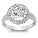 Sterling Silver Elephant Shaped Ruby And Clear CZ RingAnd Face Height 12mmAnd Band Width 3mm