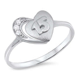 Sterling Silver Heart With 15 Years Shaped Clear CZ RingAnd Face Height 11mmAnd Band Width 3mm