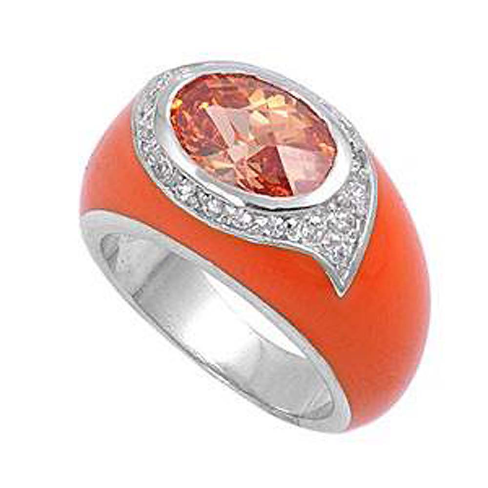 Sterling Silver Orange Oval Dome Shaped Clear CZ RingAnd Face Height 12mmAnd Band Width 4mm