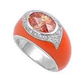 Sterling Silver Orange Oval Dome Shaped Clear CZ RingAnd Face Height 12mmAnd Band Width 4mm