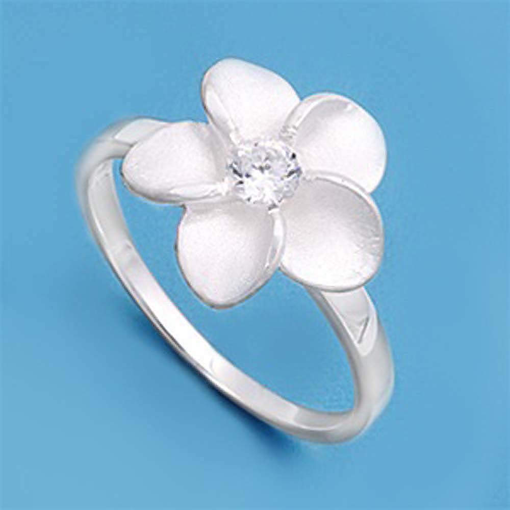 Sterling Silver Satin Finish Plumeria Shaped Clear CZ RingAnd Face Height 14mmAnd Band Width 2mm