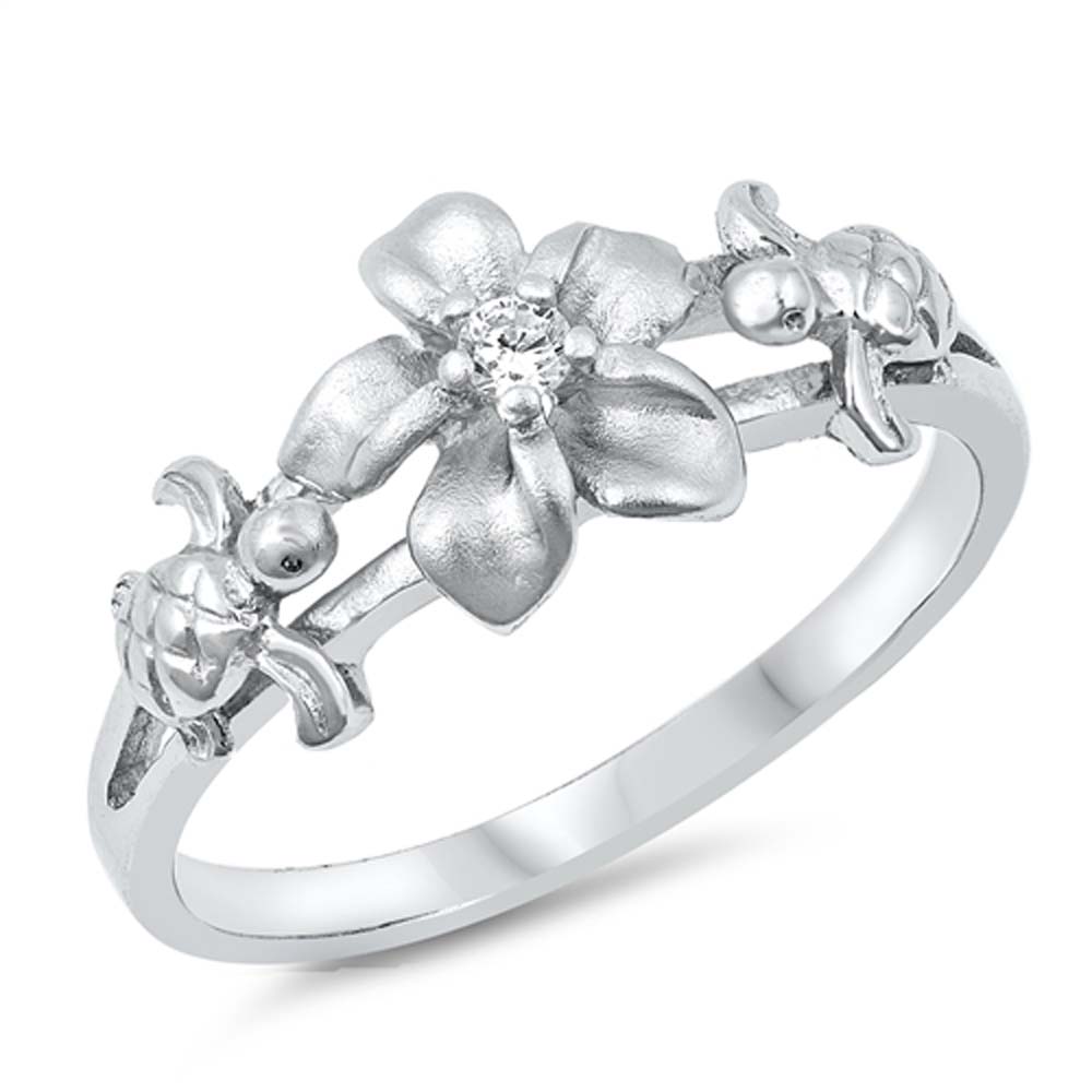 Sterling Silver Plumeria And Turtle Shaped Clear CZ RingAnd Face Height 8mm