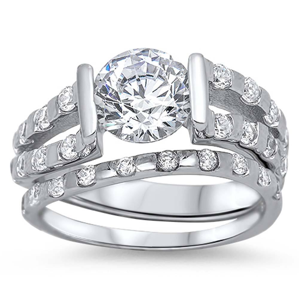 Sterling Silver Clear CZ Fancy Split Band 2 Piece Engagement Ring Set with a Round Clear CZ in the CenterAnd Ring face Height of 8MM and Ring Band Width of 3MM