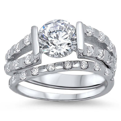Sterling Silver Clear CZ Fancy Split Band 2 Piece Engagement Ring Set with a Round Clear CZ in the CenterAnd Ring face Height of 8MM and Ring Band Width of 3MM