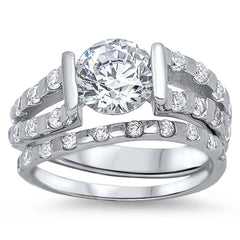 Sterling Silver Clear CZ Fancy Split Band 2 Piece Engagement Ring Set with a Round Clear CZ in the CenterAnd Ring face Height of 8MM and Ring Band Width of 3MM