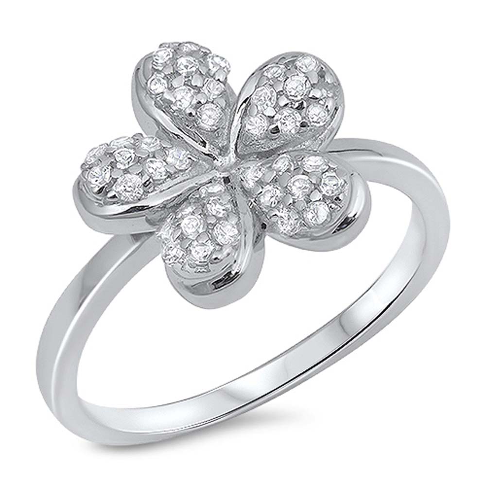 Sterling Silver Plumeria Shaped Clear CZ RingAnd Face Height 12mmAnd Band Width 3mm