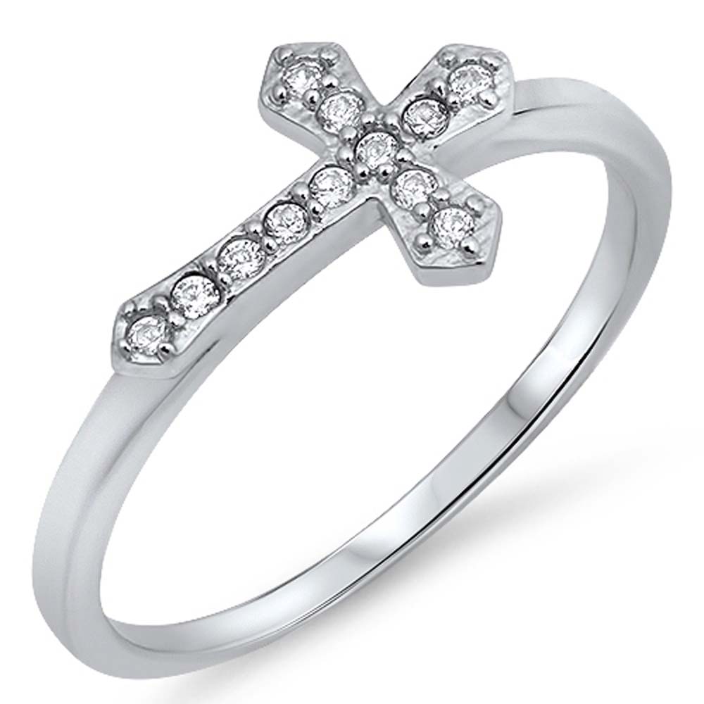 Sterling Silver Sideway Cross Shaped Clear CZ RingAnd Face Height 9mmAnd Band Width 2mm