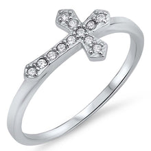 Load image into Gallery viewer, Sterling Silver Sideway Cross Shaped Clear CZ RingAnd Face Height 9mmAnd Band Width 2mm