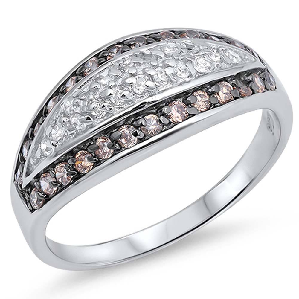 Sterling Silver Pave Shaped Champagne And Clear CZ RingAnd Face Height 9mmAnd Band Width 2mm