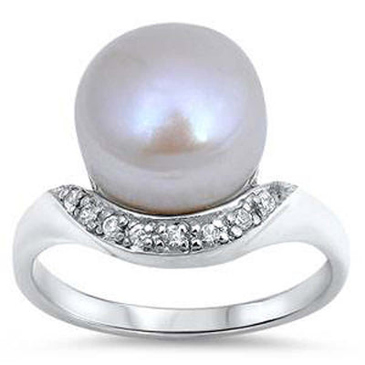 Sterling Silver Freshwater Round Pearl Shaped Clear CZ RingAnd Face Height 13mmAnd Band Width 2mm
