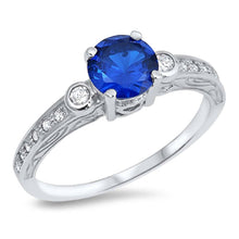 Load image into Gallery viewer, Sterling Silver Blue Sapphire Round Shaped Clear CZ RingAnd Face Height 7mmAnd Band Width 2mm