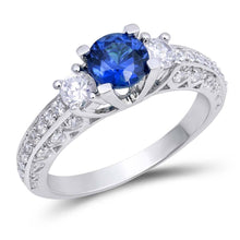 Load image into Gallery viewer, Sterling Silver Blue Sapphire Round Shaped Clear CZ RingAnd Face Height 5mmAnd Band Width 2mm