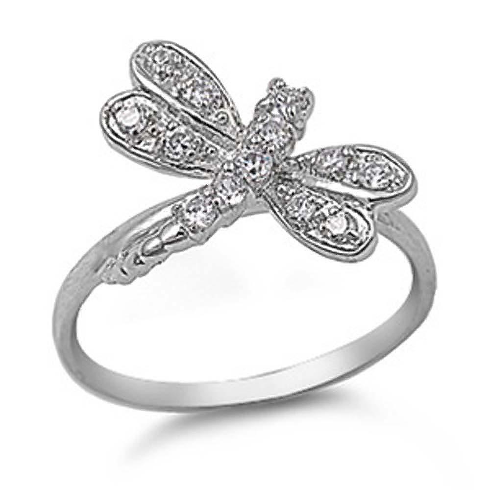 Sterling Silver Dragonfly Shaped Clear CZ RingAnd Face Height 18mm