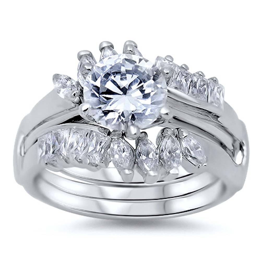 Sterling Silver Marquise and Emerald Cut Clear CZ 3 Piece Engagement Ring, Face Height of 14MM and Ring band Width of 6MM