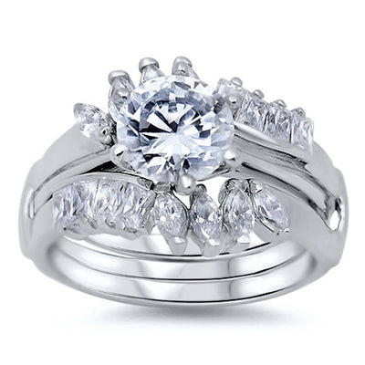 Sterling Silver Marquise and Emerald Cut Clear CZ 3 Piece Engagement Ring, Face Height of 14MM and Ring band Width of 6MM
