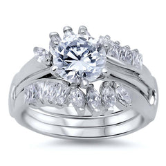 Sterling Silver Marquise and Emerald Cut Clear CZ 3 Piece Engagement Ring, Face Height of 14MM and Ring band Width of 6MM