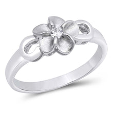 Load image into Gallery viewer, Sterling Silver Plumeria Shaped Clear CZ RingAnd Face Height 5mmAnd Band Width 2mm